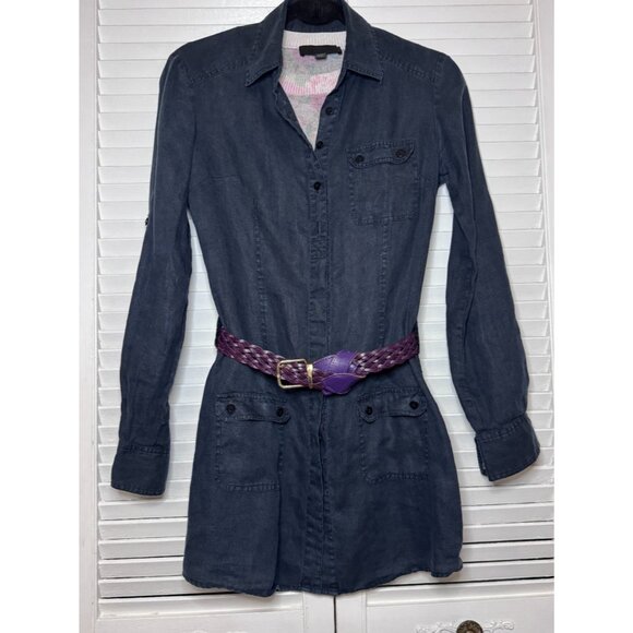 Womens French 100% Linen Navy Blue Roll Tab Sleeve Tunic Shirt Jacket Size Small - Picture 5 of 13